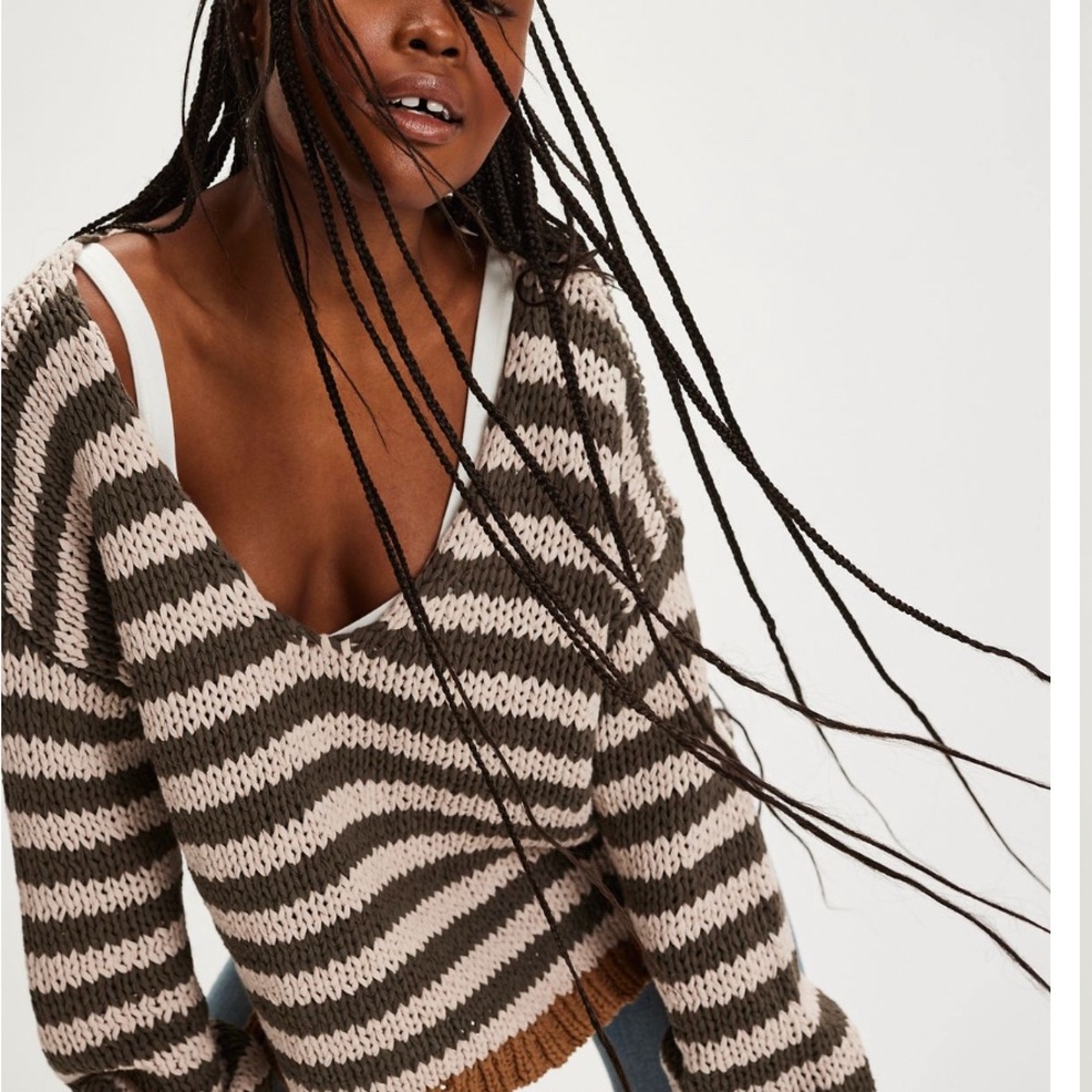 Free People V-Neck Striped Sweater in Brown and Cream